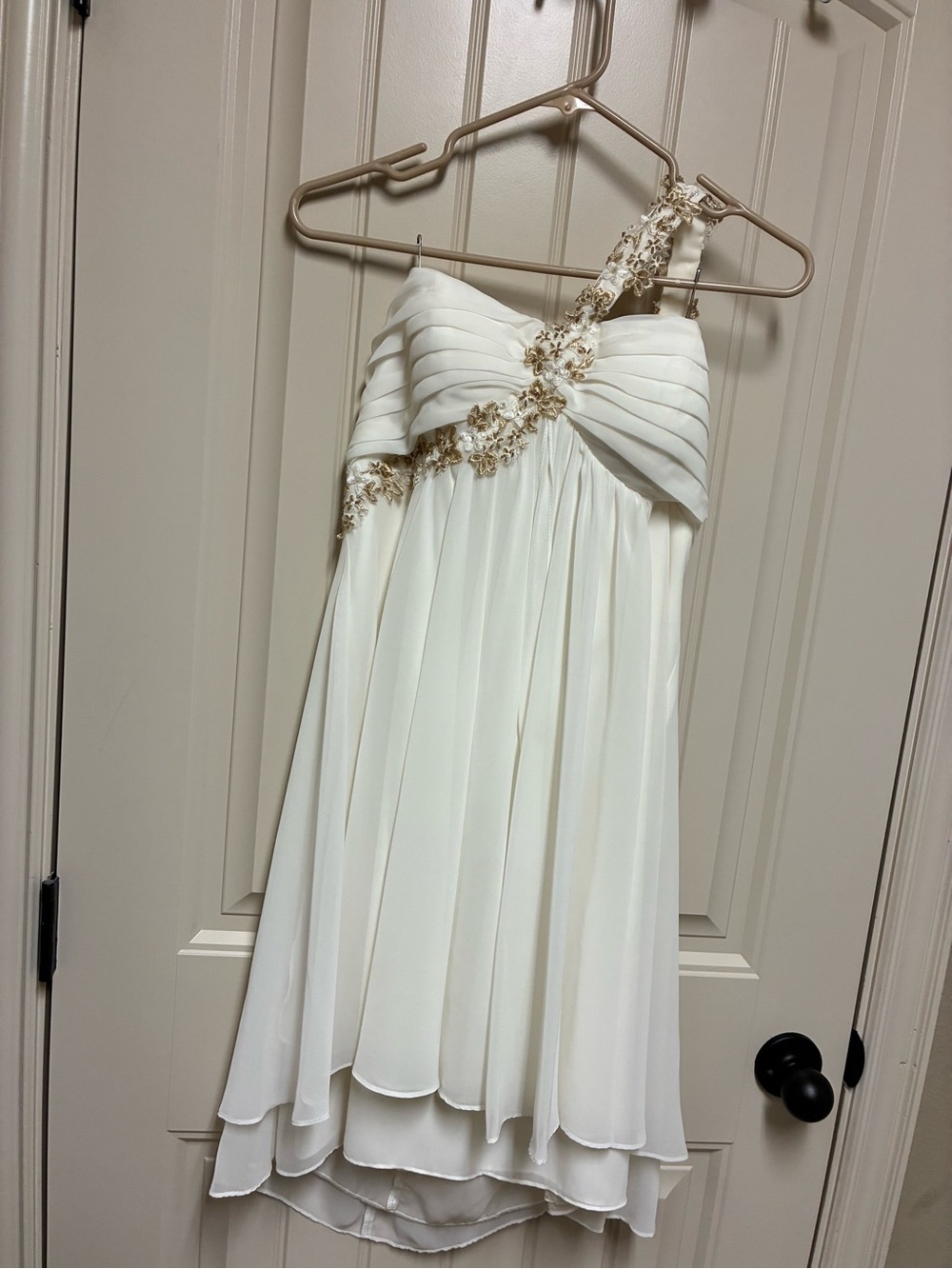 Xscape White One-Shoulder Backless Dress with Gold Floral Embellishment